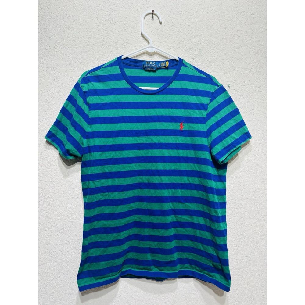 Ralph Lauren Polo Green Blue Striped T-Shirt Large Slim Fit
